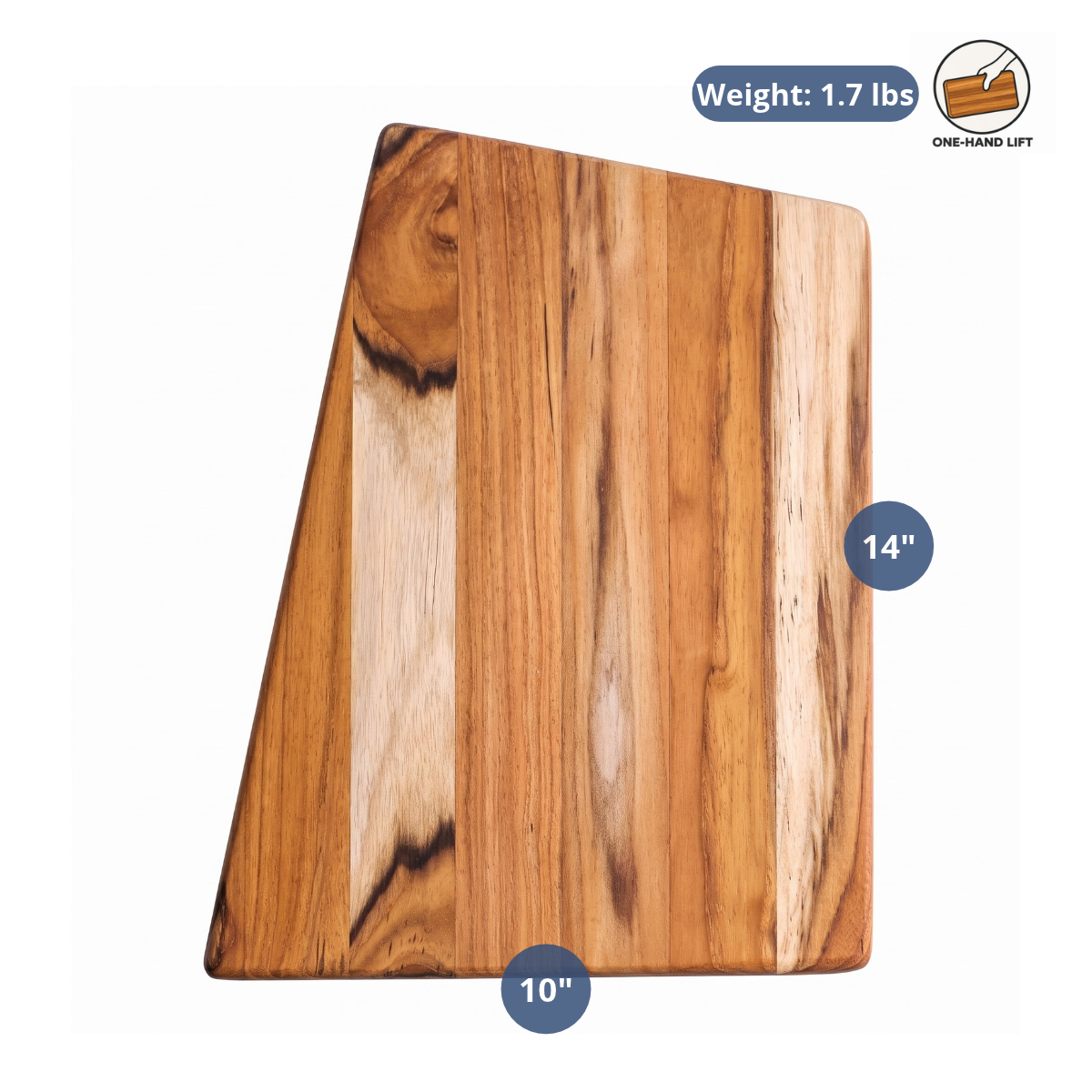 Medium trapeze-shaped teakwood cutting and serving board showcasing wood grain and dimension overlays.
