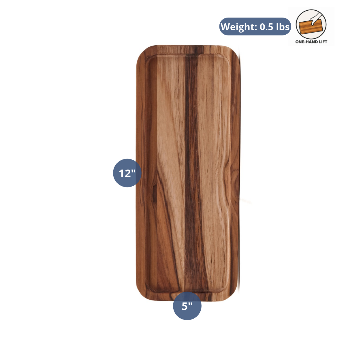 Compact rectangular teak serving tray featuring dimension overlays showing 12 by 5 inches and a 0.5 lb weight.