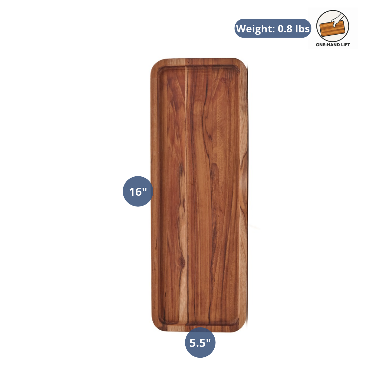 Medium rectangular teakwood serving tray with dimensions of 16 by 5.5 inches and a weight of 0.8 lbs.