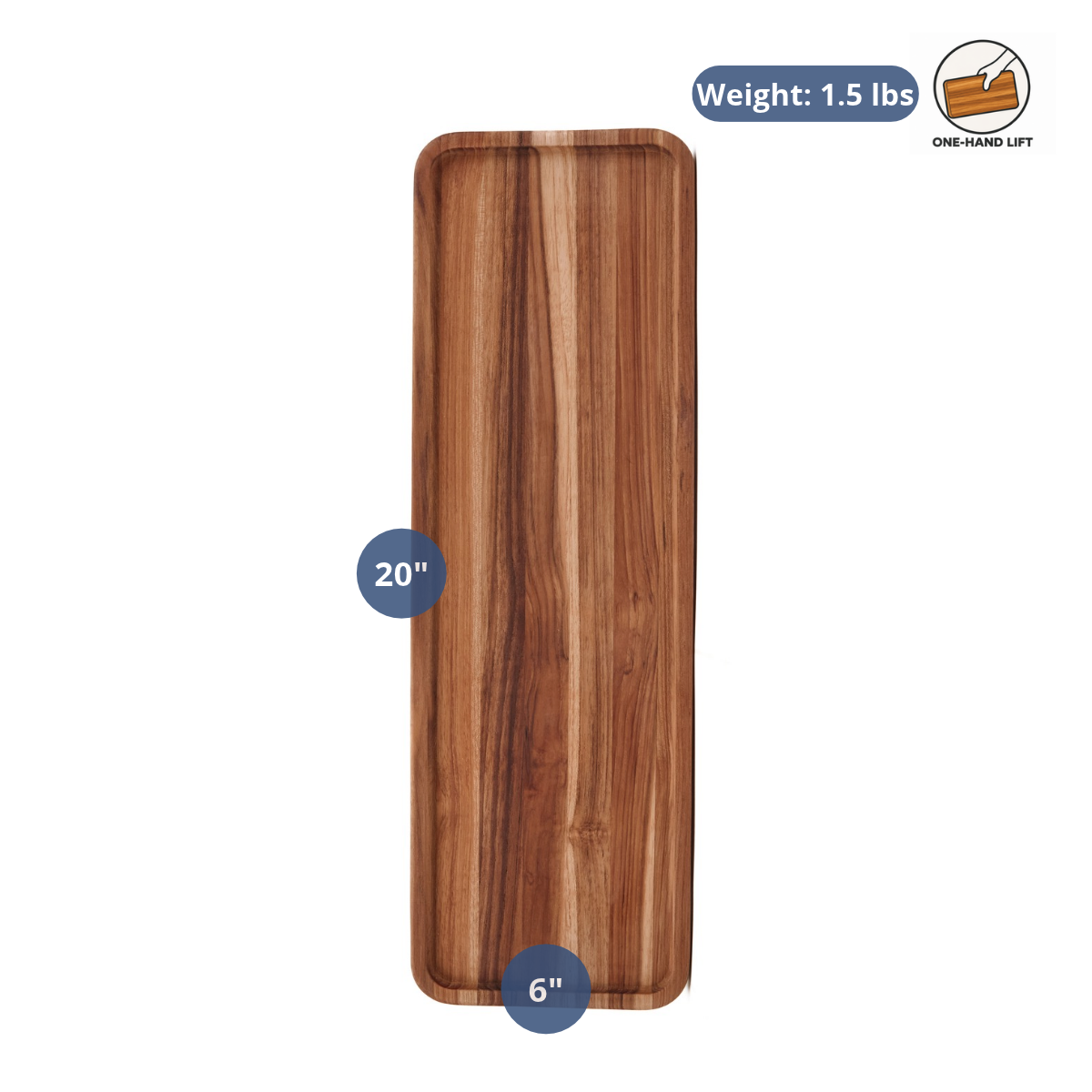 Large rectangular wooden serving tray made from sustainable teakwood with dimension and weight overlays.