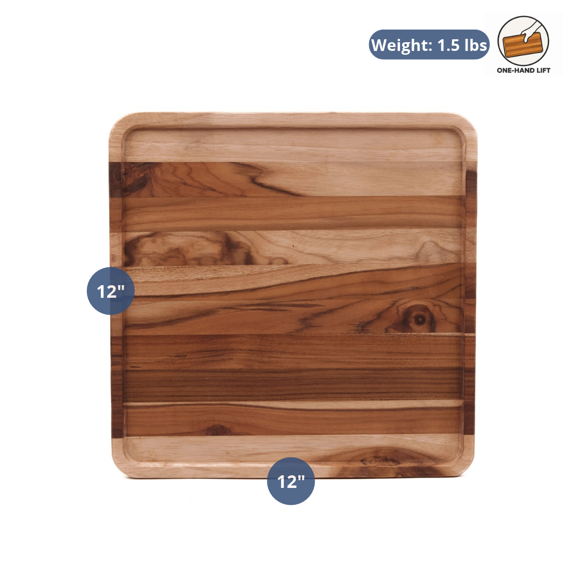 Square teak wood serving tray with 12x12 inch dimensions and weight and size overlay callouts.