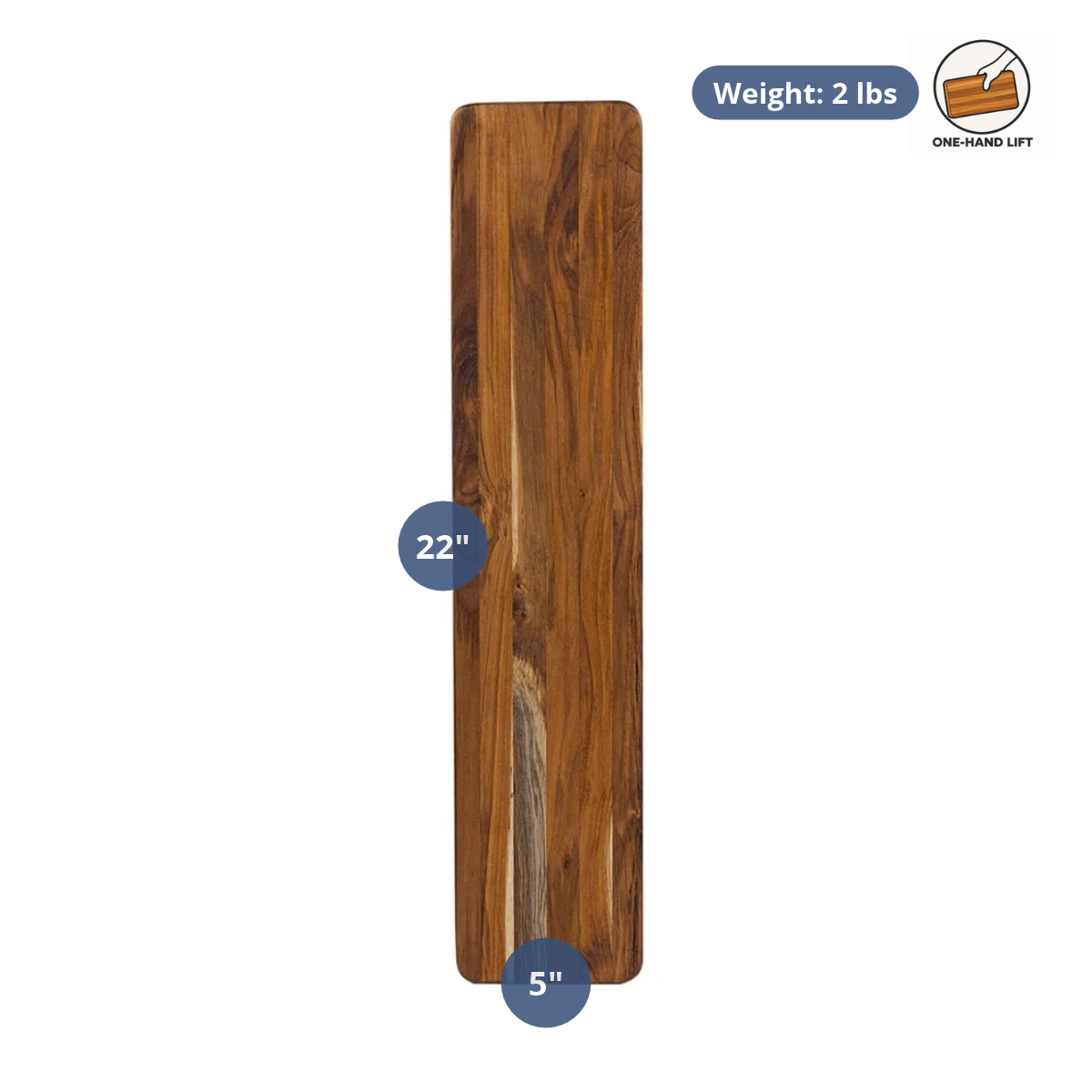 Essential Slicing Long Board 408 made of sustainable teakwood with 22-inch length and 5-inch width dimensions.