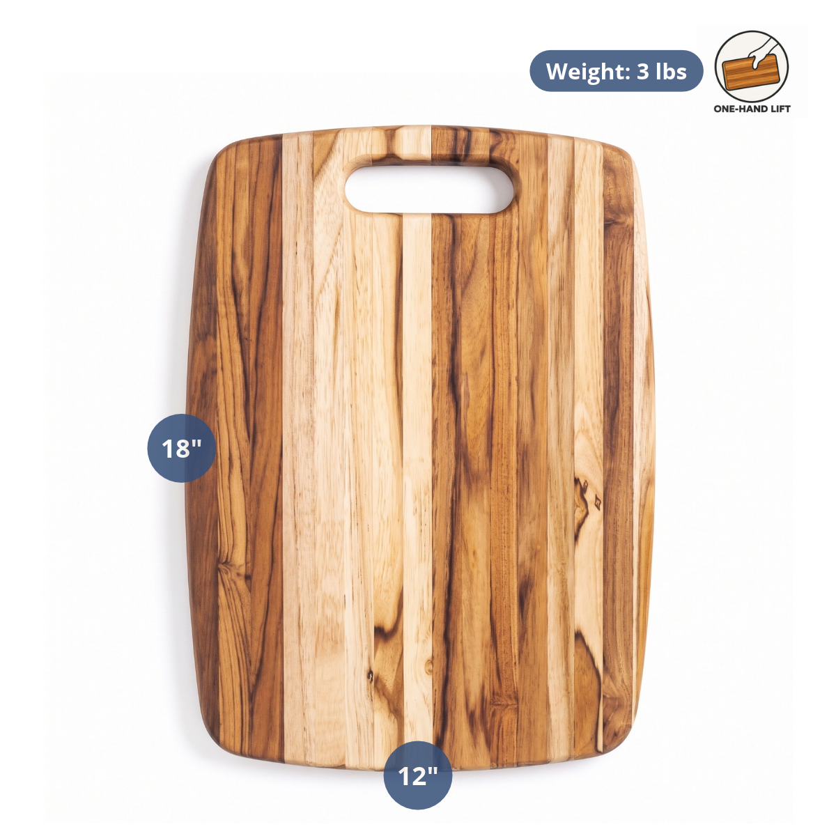 Edge grain teak cutting board featuring a convenient hole handle, 18 by 12 inches, highlighting dimensions and weight.