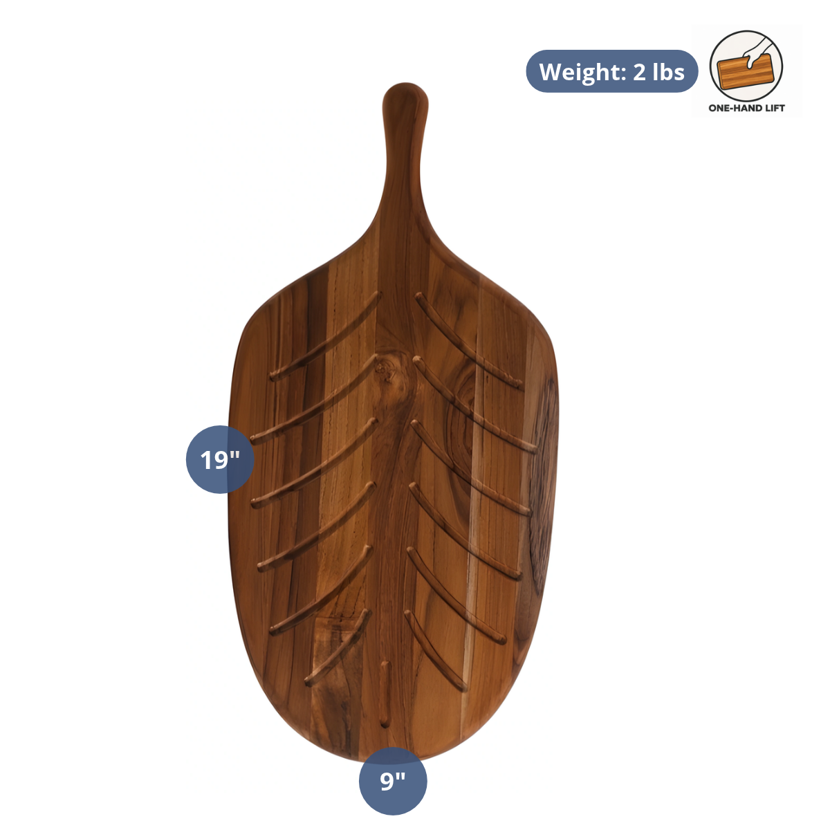 Sustainable teak paddle bread and serving board featuring bread canals with 19 by 9 inch dimensions and a 2 pound weight.