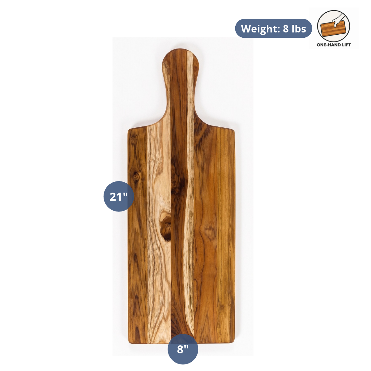 Rectangular teak serving board with a paddle handle, featuring dimension overlays and weight specifications.