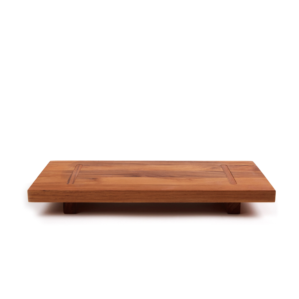 Compact teakwood food stand with an elevated modular design and natural wood grain on a white background.