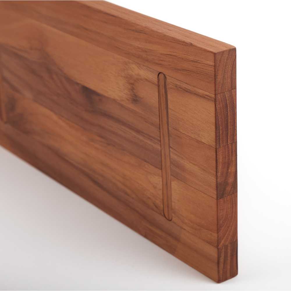 Teakwood food stand component featuring a carved slot for modular assembly and natural grain.