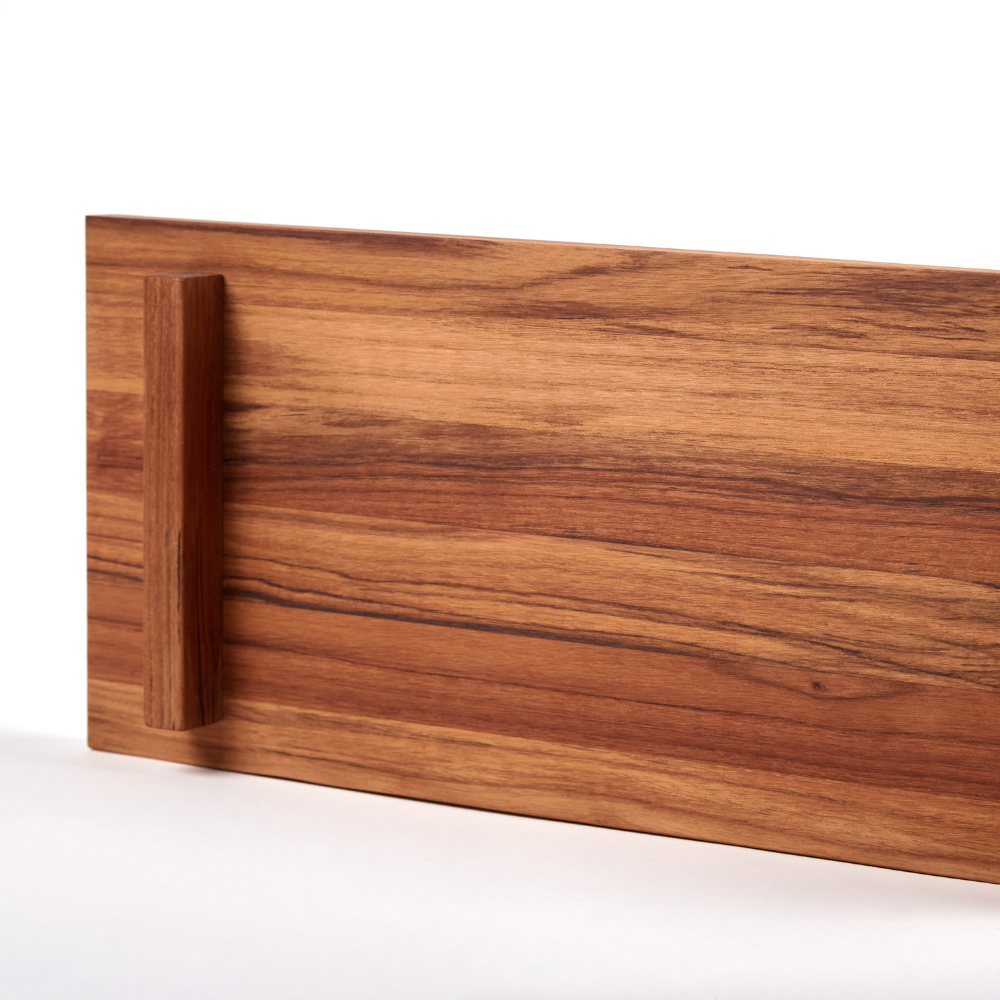 Modular teakwood food stand close-up featuring natural wood grain and a rectangular support leg.