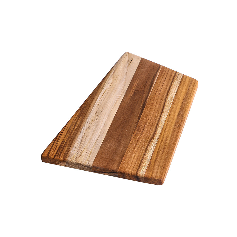 Small trapeze teak wood serving board with a natural edge grain finish and geometric shape.
