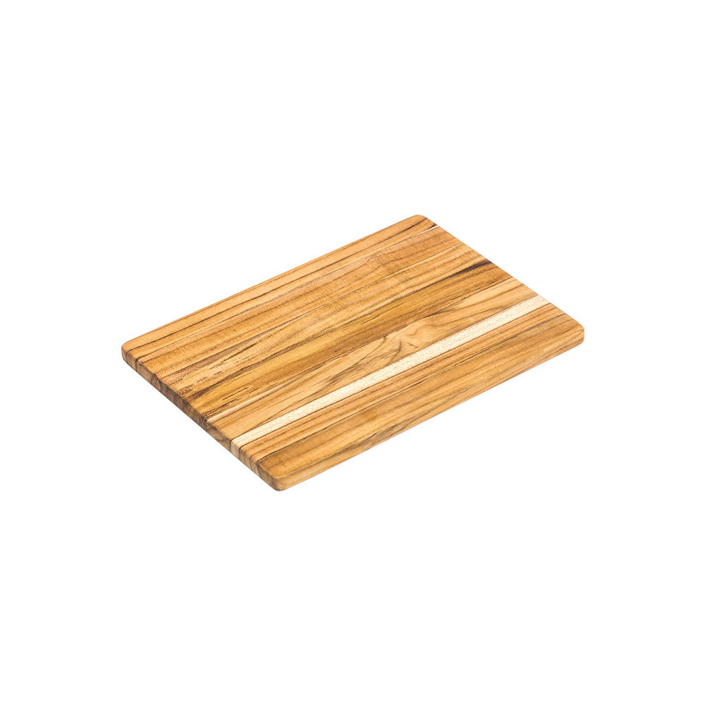 Small rectangular teakwood cutting board with a natural edge-grain finish from the Essential Collection.