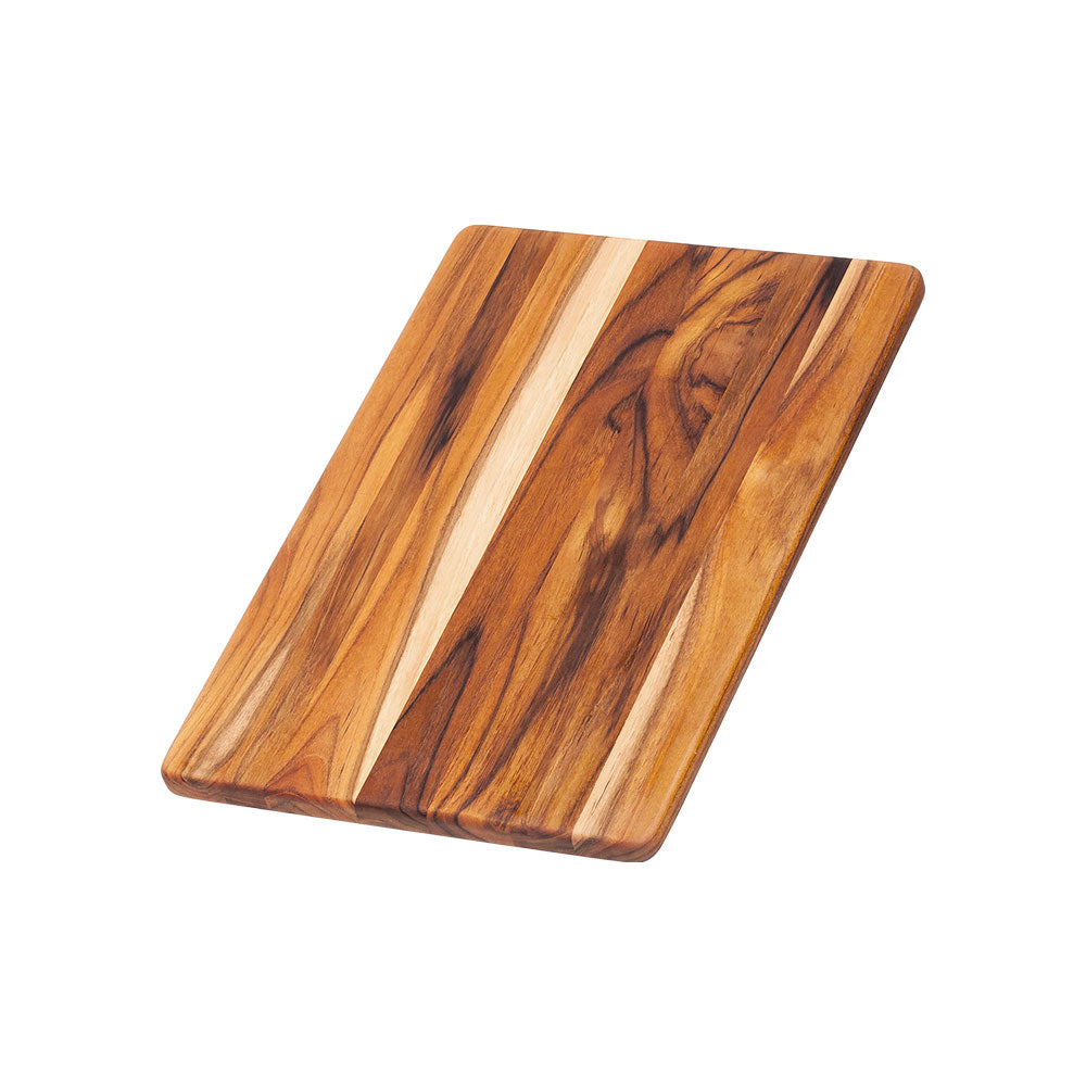 Essential rectangular teak cutting board featuring a rich edge grain pattern and slim, lightweight profile.