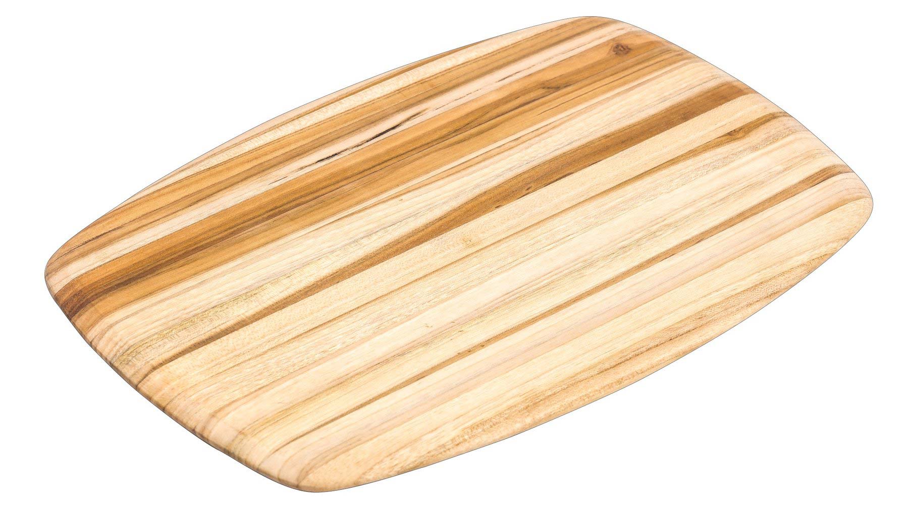 Rectangular teakwood serving board with edge grain and smooth rounded edges on a white background.